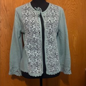Skye’s the Limit Women’s Size Large Seafoam Green Crochet Lace Tie Neck Cardigan